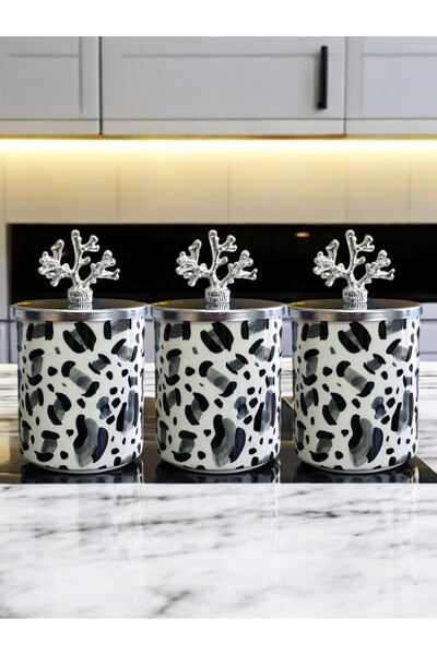 ferayhome Baharatlık 3 lü Set Kahve Köşesi Leopar Desen Gri GÜMÜŞ Mercan - Fe...