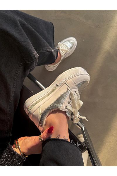 diclepolat White Silver Women's Sneakers - Lola with Thick Sole and Stone Detail