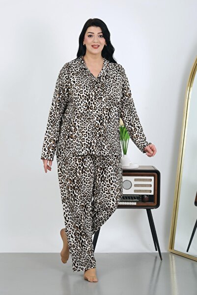 Akbeniz Γυναικείο Σετ Πιτζάμες Καφέ Βαμβακερό Μεγάλο Μέγεθος με Τσέπες 202504