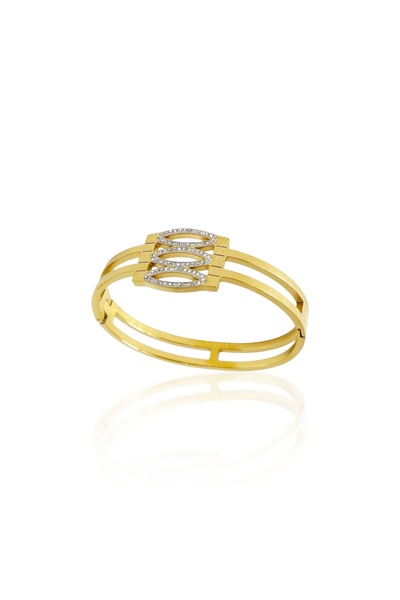 PRVT Gold Color Stone Detailed Steel Cuff Bracelet