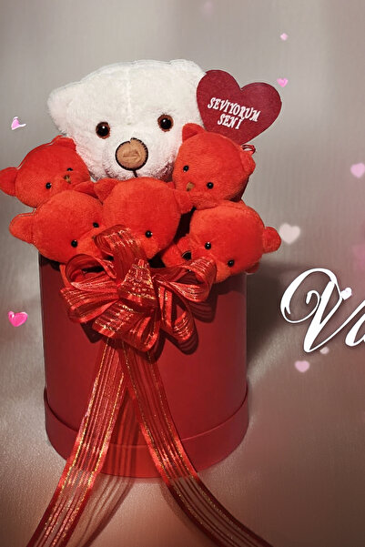 Sole Premium Özel Hediye Kutuda  Beyaz Ayıcık ve  Kırmızı Peluş Ayıcık Buketi, Sevgiliye, Doğum Gününe He
