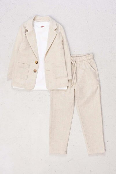 Riccotarz Jachetă pentru băieți, cu rever dublu, cu buzunare duble, blazer din in, tricou pieptănat, cu fundul crem, costum de sus