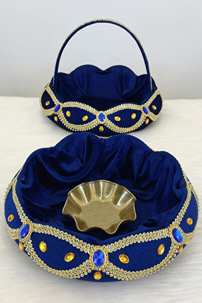 ZEYMERADE سلة صينية ليلية مزينة بحجر مخملي أزرق داكن ومزينة بالحناء لفريق الع...