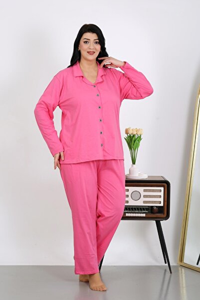 Akbeniz Women's Plus Size Cotton Pocket Button Pink Pajama Suit 202504