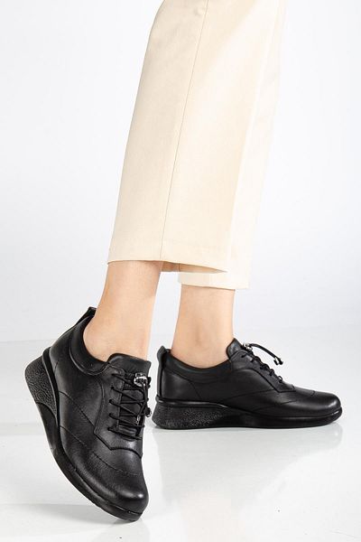 Dilimler Ayakkabı Genuine Leather Orthopedic Women's Casual Shoes Black Wedge Heels Elastic Laced