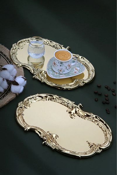VENON 1Pc Artnova Gold Presentation Tray Coffee Tea Metal Tray Decorative Presentation Serving Tray