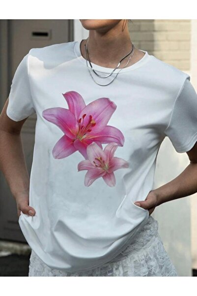 NO 601 تي شيرت نسائي أبيض كبير الحجم مطبوع عليه زهور