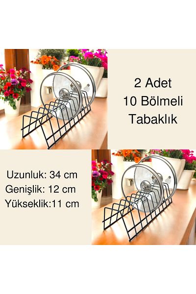 EceAksesuar 2-Piece Plate Rack - Pot Lid Organizer - Plate Dryer - Black Stand with 10 Compartments