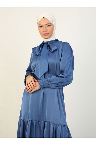 Refka Satin Hijab Dress - Blue - with Tie Detail - Refka