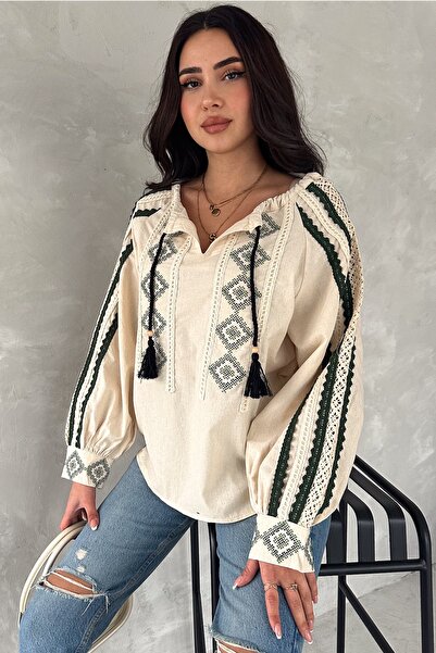 FEMELLE Γυναικεία Μπεζ Φούντα Κεντημένη Βαμβακερή Μπλούζα