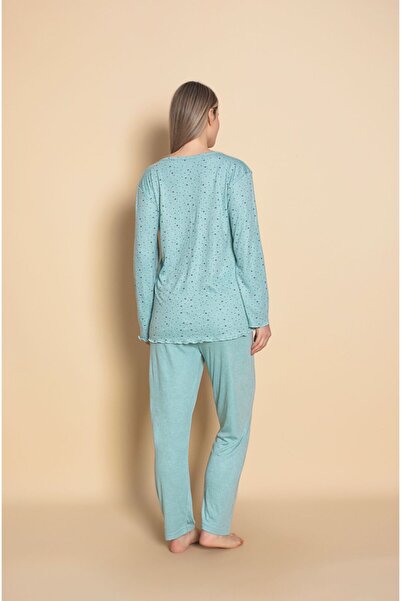 Sude Kadın Homewear Bambu Pijama Takımı Uzunkol Üç Düğmeli Yaka Güpür Detaylı