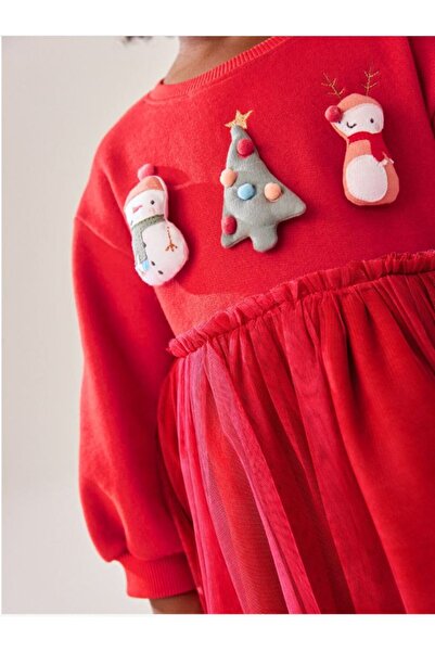 Next Kırmızı Noel Fileli 2'si 1 Arada Sweatshirt Elbise