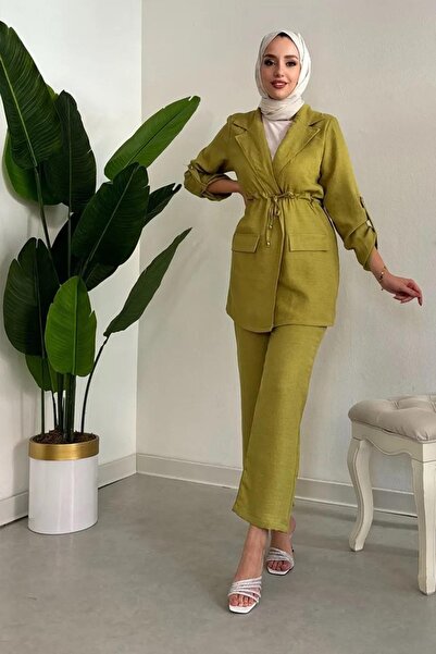 Tesettür Diyarı طقم صيفي كتان صوفيا - طقم مكون من قطعتين، أخضر زيتي