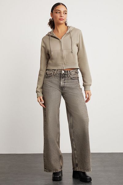 GRIMELANGE Delia Women's Crop Fleece Zippered Organic Cotton Hooded Beige Sweatshirt