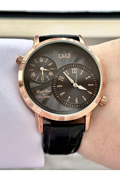 Q&Q Rose Gold Men's Watch - Black Leather, Cord and Dial Handle, Double Clock Feature