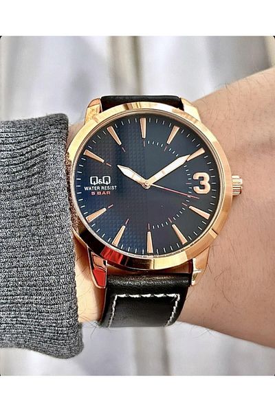 Q&Q Men's Black Leather - Rose Metallic Wristwatch with Asymmetric Dial