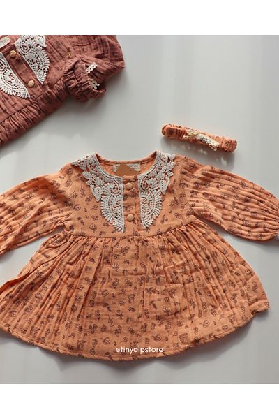 Necix's Embroidered Muslin Fabric Design Flower Patterned Baby Girl Dress with Buckle Gift