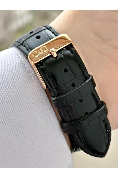 Q&Q Rose Gold Men's Watch - Black Leather, Cord and Dial Handle, Double Clock Feature