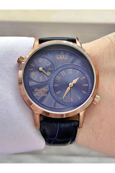 Q&Q Rose Gold Black Leather Cord Wristwatch - Elegant Design with Double Clock