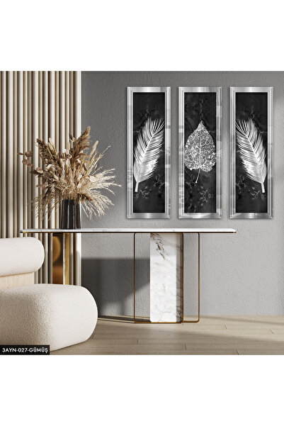 Evinemoda Gümüş Tüyler ve Yapraklar Pleksi Aynalı 3 Parça Tablo