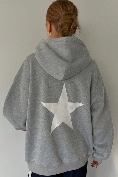 NO 601 Hanorac oversize cu glugă cu imprimeu cu stele la spate gri pentru femei