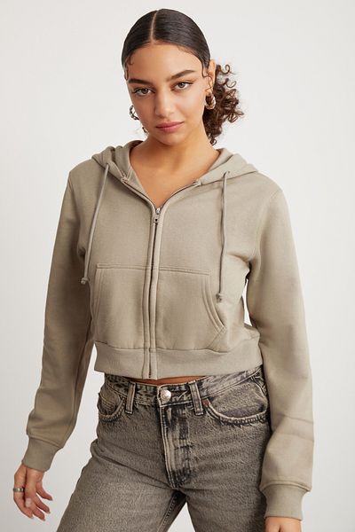 GRIMELANGE Delia Women's Crop Fleece Zippered Organic Cotton Hooded Beige Sweatshirt