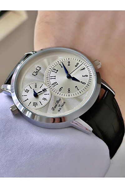 Q&Q ساعة رجالية من الجلد باللون الفضي والأسود - ميزة الساعة المزدوجة