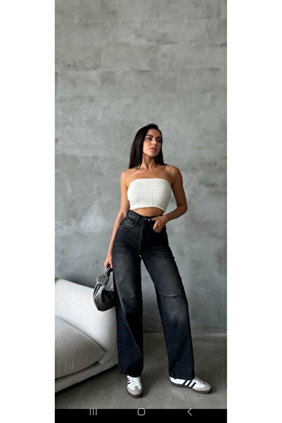 Pelin Blugi largi NEGRU șlefuit cu cataramă la spate reglabilă