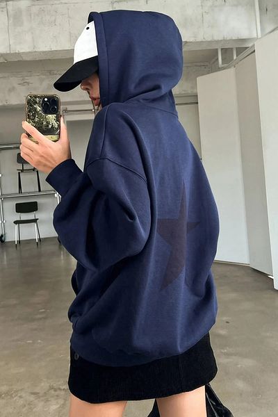 NO 601 Hanorac oversize cu glugă, albastru bleumarin, cu imprimeu cu stele