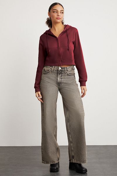 GRIMELANGE Delia Women's Crop Fleece Inside Zippered Organic Cotton Hooded Corduroy Sweatshirt