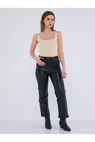 Basics&More Kadın Yan Cepli Siyah Hakiki Kuzu Deri Pantolon - P03
