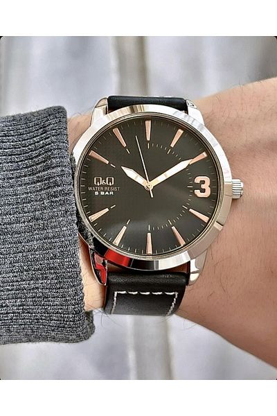 Q&Q Black Leather - Silver metallic Asymmetric Dial men's Wristwatch