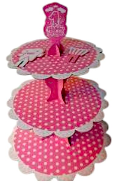 Armada 3 Katlı Karton Cupcake Standı 1 Yaş Doğum Günü Happy Birthday Yazılı Pembe ( 40 Cm )