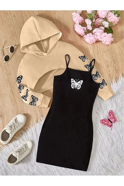 Machetta Girl's Butterfly Sleeve Detailed Dress Crop Sweatshirt Set