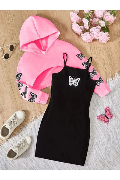 Machetta Girl's Butterfly Sleeve Detailed Dress Crop Sweatshirt Set
