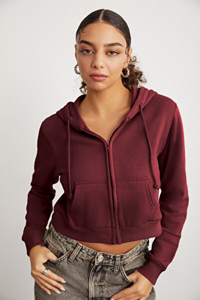GRIMELANGE Delia Γυναικείο φούτερ με φερμουάρ από οργανικό βαμβάκι με κορδόνι μπορντό