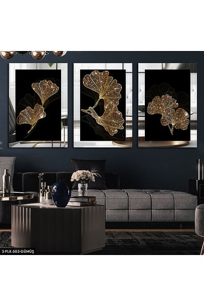 Evinemoda Pictură în oglindă din plexiglas cu flori abstracte din argint 3 piese
