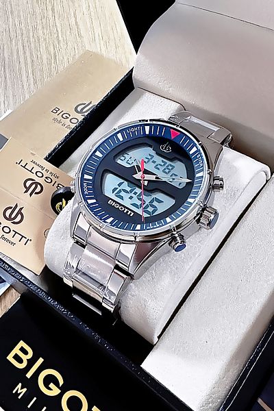 Bigotti Custom Boxed 5 Atm Waterproof Men Wristwatch Silver Color Steel Band + Gift Bracelet Bme2021C2