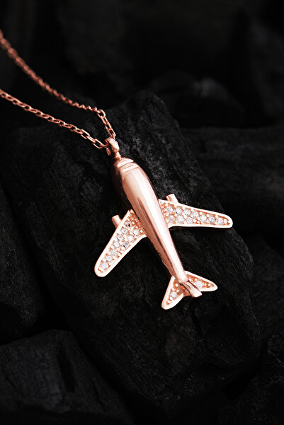 OSMANLI GÜMÜŞ Uçak Figürlü Zirkon Taşlı Rose Kaplama Kadın Gümüş Kolye - Sevgililer Günü - Hediye