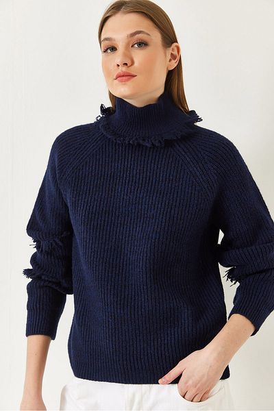 Bianco Lucci Women's Neck and Sleeve Fringed Knitwear Sweater 20246912