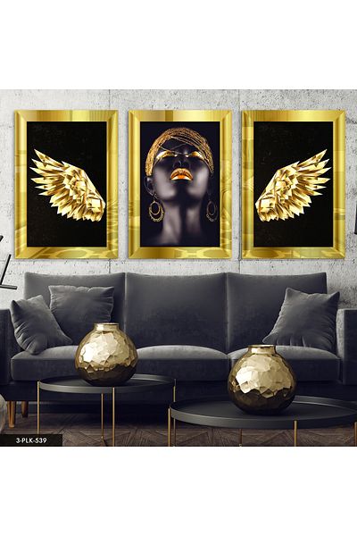 Evinemoda Aripă de înger femeie africană aurie 3 piese pictură în oglindă din plexiglas