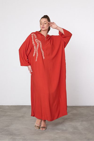 Denismoda VPV037 Γυναικείο κέντημα με κουκούλα Λεπτομέρεια Plus Size Αυθεντικό Φόρεμα ΠΟΡΤΟΚΑΛΙ
