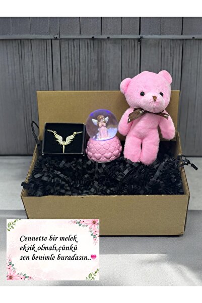 Lapidaria Ayıcık, Melek Kolye ve Melek Temalı Led Işıklı Kar küresi Sevgiliye Hediye Kutulu ve Notlu