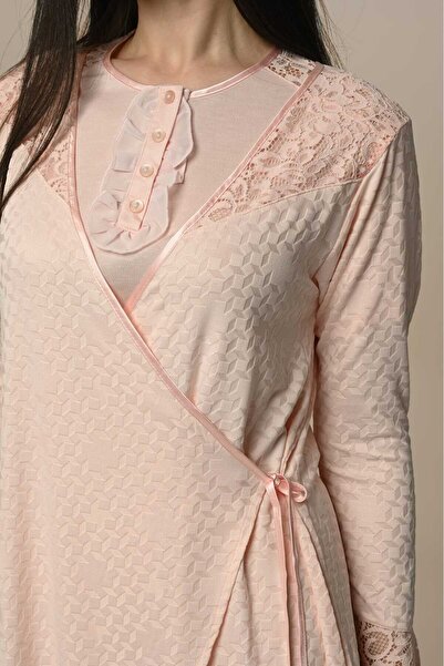 Genel Markalar Kadın Pudra Yandan Bağlamalı Lohusa Hamile Sabahlıklı 3'lü Pijama Takım Set