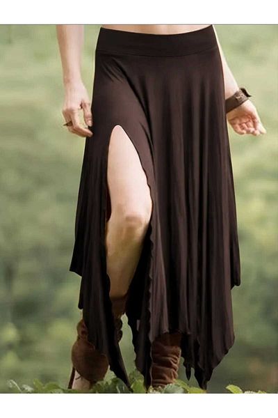 GARDIROZA Ασύμμετρη κομμένη καφέ μακριά φούστα - Casual άνετο στυλ με σχισμή λεπτομέρεια
