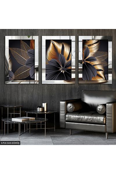 Evinemoda Pictură în oglindă pe plexiglas, 3 bucăți, argintiu, frunze de flori