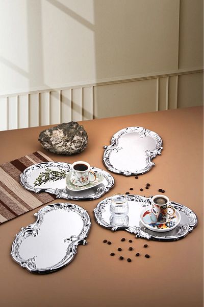 VENON 1Pc Artnova Silver Presentation Tray Coffee Tea Metal Tray Decorative Presentation Serving Tray