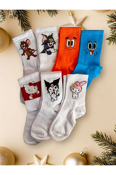 çorapdunyam 7 Pack Cheerful College Tennis Socks - Striped and Cute Character