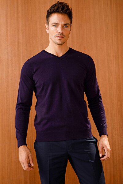 Desen Triko Чоловічий базовий светр з V-подібним вирізом з тонкого трикотажу, темно-синій