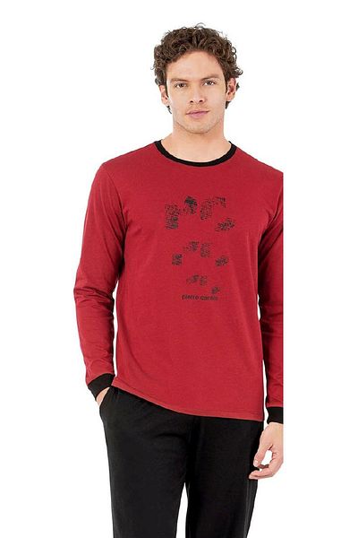 Pierre Cardin 6069 Σετ ανδρικές πιτζάμες - Claret Red, μακρύ μανίκι, στρογγυλή λαιμόκοψη